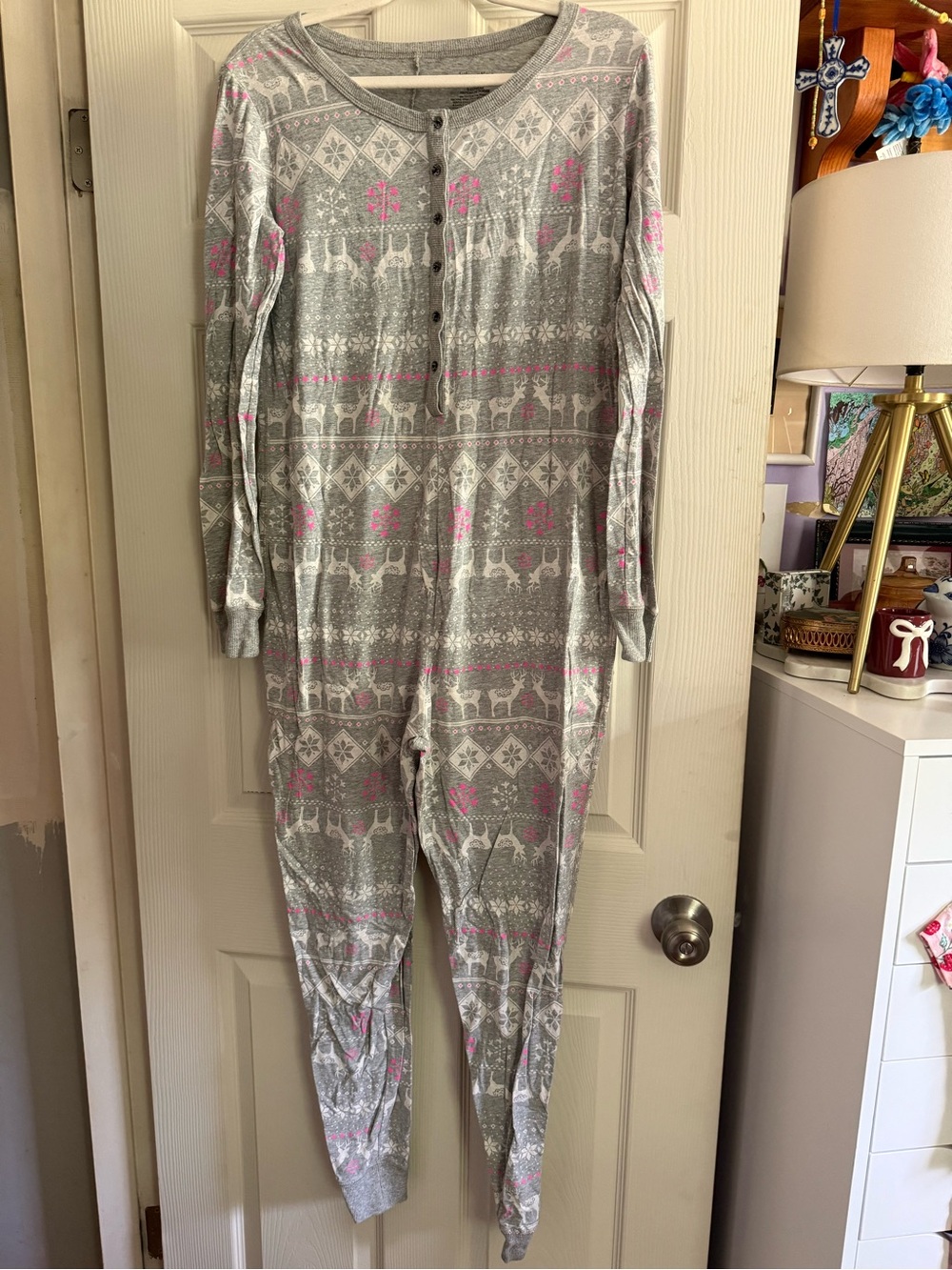 Xhilaration Gray and Pink Reindeer One-Piece Pajama